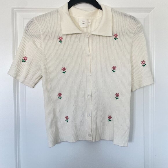 Luna Ivy Knit Cream & Floral Button-Up Sweater - Size L - Picture 1 of 6